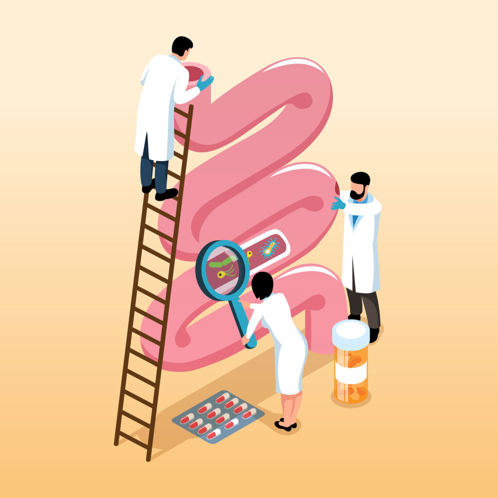 Schematische Darstellung der Untersuchung und Behandlung einer Darmentzündung. Designed by Freepik (www.freepik.com)